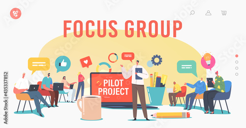 Focus Group Landing Page Template. Director and Employees Meet. Tiny Businesspeople around Huge Laptop Discuss Project