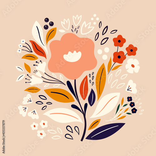 Beautiful romantic floral bouquet with flowers and leaves on the yellow background