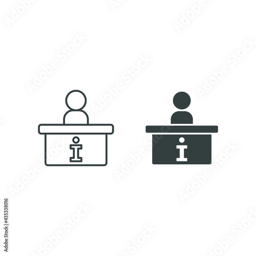 Stand desk information icon, counter, reception, trade, service, line and solid style. Reception desk info support service. Promo stand pictogram Vector illustration Design on white background EPS 10