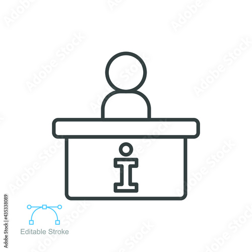 Stand desk information icon, counter, reception, trade, service, outline style. Reception desk, info support  service. Editable stroke pictogram. Vector illustration on white background. EPS 10