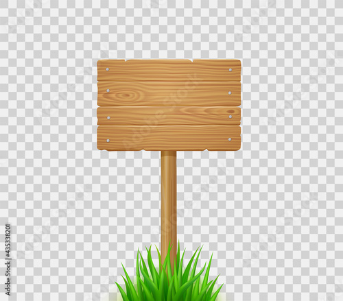Wooden board on post in green grass. Signboard from wood planks on lawn or field. Vector realistic old timber signpost for farm, country or rural scene isolated on transparent background