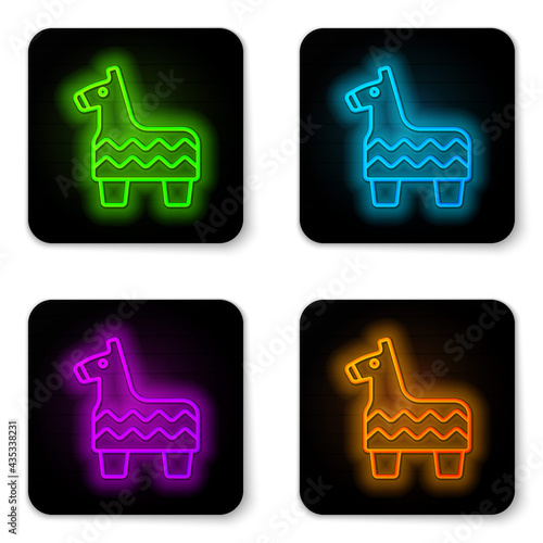 Glowing neon line Pinata icon isolated on white background. Mexican traditional birthday toy. Black square button. Vector