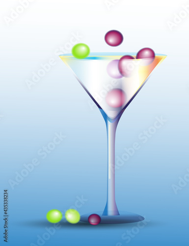 Martini glass with cocktail. Vector illustration of martini glass and grapes 