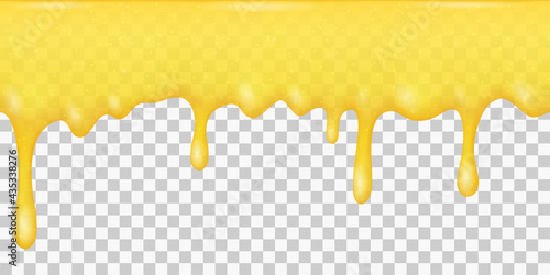 Border of dripping liquid honey, syrup or yellow slime with glitter isolated on transparent background. Vector realistic seamless pattern of shiny flowing drops of golden honey, sauce or sweet caramel