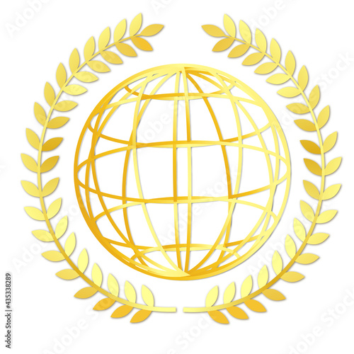Golden globe icon.  Golden sphere with laurel wreath