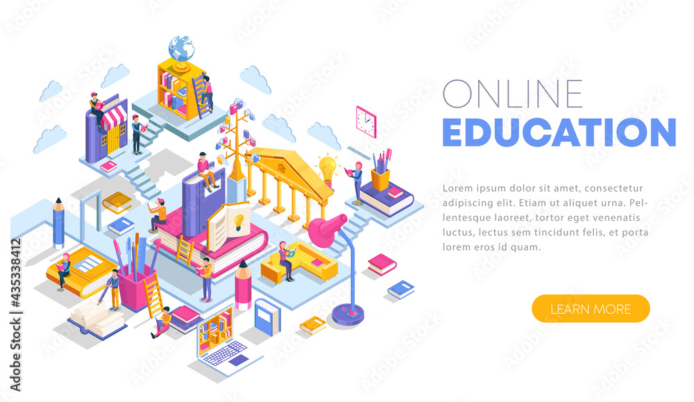 Modern flat design isometric concept of Online Education. Landing page template. Training courses, specialization, tutorials, lectures. Can use for web banner, infographics, and website. Vector illust