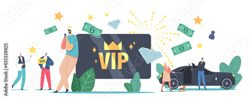 VIP Card, Celebrity Lifestyle. Luxury Characters with Gold Cards Get Premium Service, Limousine, Waiter Carry Star