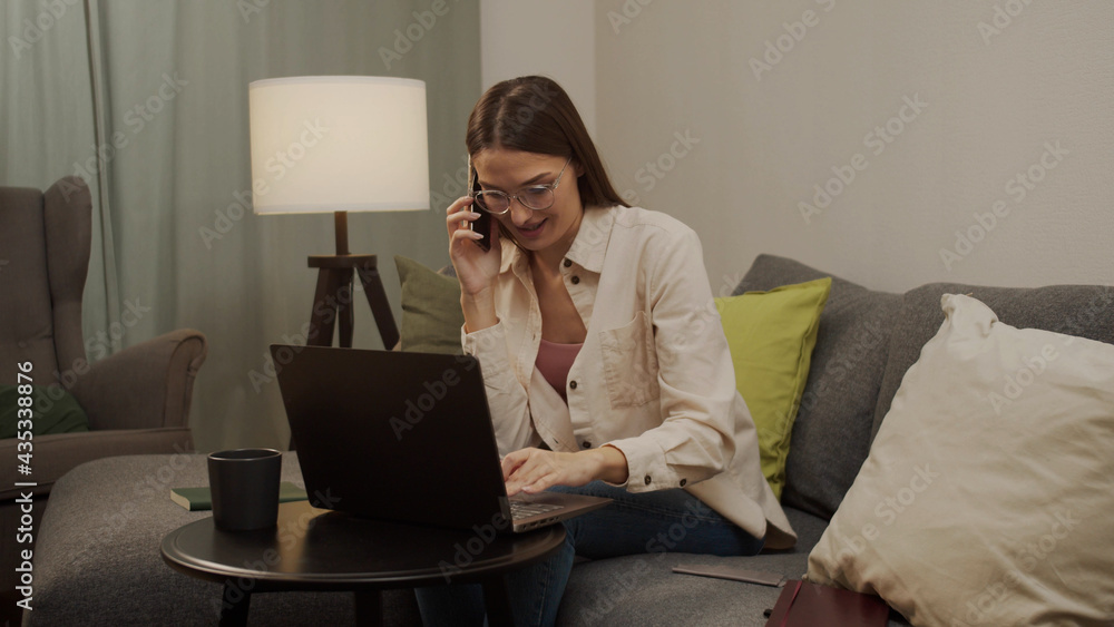 Calm European woman works at home at the computer and talks on the phone. Calm European woman works at home at the computer and talks on the phone.