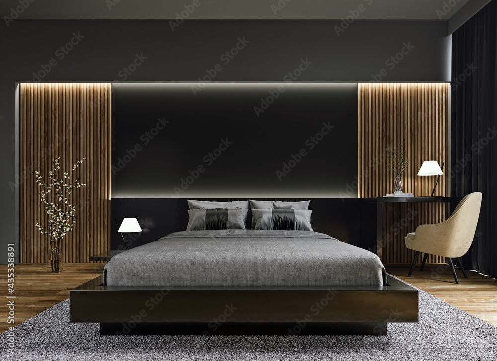 Modern interior design of dark black luxurious bedroom with wood slat