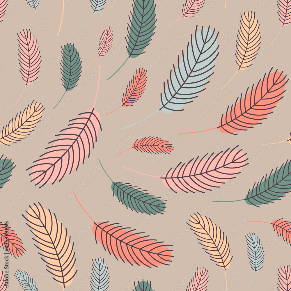 Fototapeta premium Feathers seamless pattern. Pattern with feathers. Vector flat illustration. Design for textiles, packaging, wrappers, greeting cards, paper, printing.