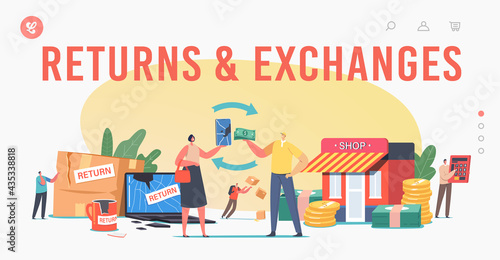 Return and Exchange Landing Page Template. Characters Dissatisfied with Damaged Things Delivery, Cracked Laptop