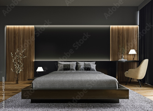 Modern interior design of dark black luxurious bedroom with wood slat wall and accent lighting, mock-up, 3d rendering photo