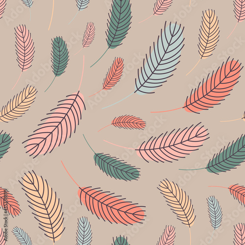 Feathers seamless pattern. Pattern with feathers. Vector flat illustration. Design for textiles, packaging, wrappers, greeting cards, paper, printing.