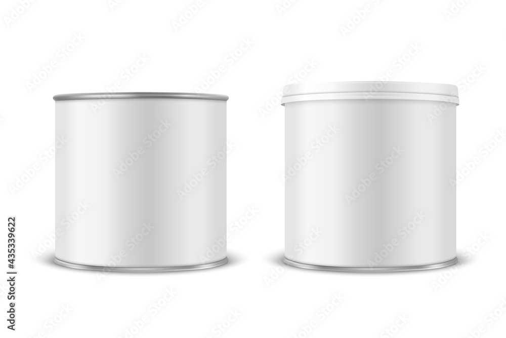 Vector 3d Realistic Blank White Metal Tin Can, Canned Food, Potato Chips Packaging With Lid Set Isolated On White Background. Small Size. Design Template, Mockup. Front View Vector 3d Realistic Blank White Metal Tin Can, Canned Food, Potato Chips Packaging With Lid Set Isolated On White Background. Small Size. Design Template, Mockup. Front View