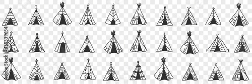 American ethnic wigwam doodle set. Collection of hand drawn various types and styles of traditional indian american wigwam house in rows isolated on transparent background 