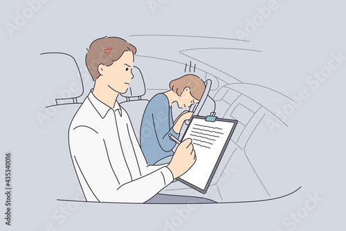 Failure in education concept. Adolescent girl cartoon character sitting feeling sad and stressed because of failing her driving test with man instructor writing bad score vector illustration 