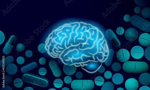 Human brain IQ smart business concept. E-learning nootropic drug supplement DNA medicine neuroscience braingpower. Brainstorm creative idea project work low poly polygonal vector illustration