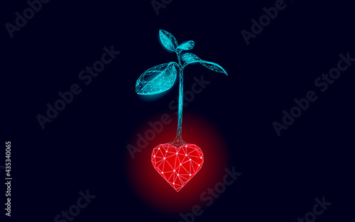Plant tree ecological abstract concept. 3D render seedling tree forest. Save planet Earth nature environment grow life eco polygon triangles low poly vector illustration