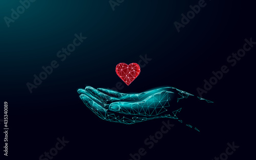 Fundraising giving heart symbol money hand. Charity volunteer giving donate social project. Finance funding dark low poly vector illustration