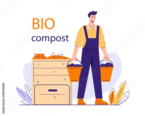 Composting organic waste concept. A man carries in buckets ready-made compost for organic farming. Vector illustration in flat cartoon style.