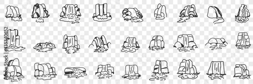 Natural waterfalls in cliffs doodle set. Collection of hand drawn falling waterfalls natural parklands vies sceneries in rows isolated on transparent background 