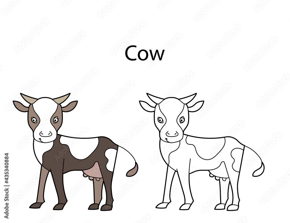 Funny cute animal cow  isolated on white background. Linear, contour, black and white and colored version. Illustration can be used for coloring book and pictures for children