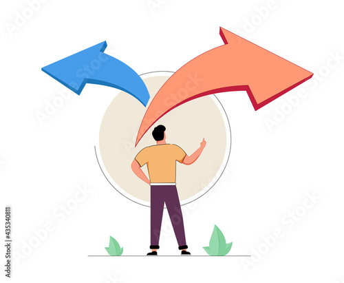 Choice decision making as two split path options to choose from tiny person concept. Business or life strategy confusion