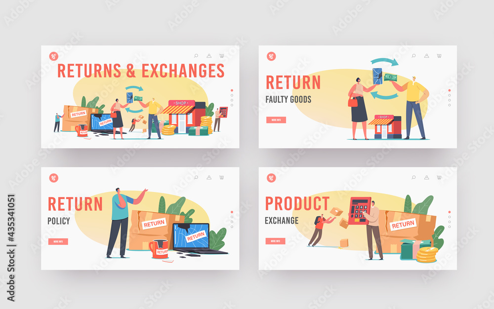 Return and Exchange Landing Page Template Set. Characters Dissatisfied with Damaged Things Delivery, Cracked Laptop