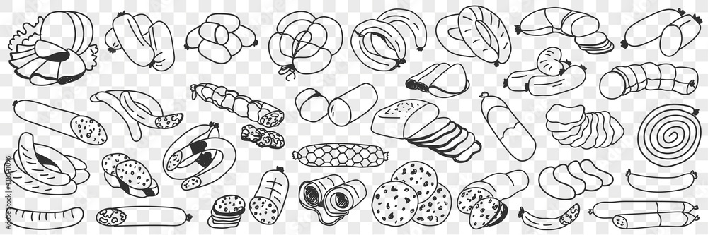 Tasty meat sausages doodle set. Collection of hand drawn various meat sausages whole and cut in pieces for eating in rows isolated on transparent background Tasty meat sausages doodle set. Collection of hand drawn various meat sausages whole and cut in pieces for eating in rows isolated on transparent background