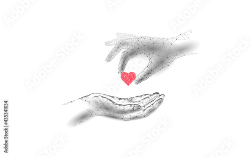 Fundraising giving heart symbol money hand. Charity volunteer giving donate social project. Finance funding dark low poly vector illustration photo