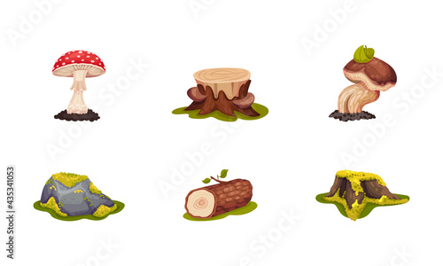 Forest Elements with Mossy Stump, Mushrooms and Log Vector Set