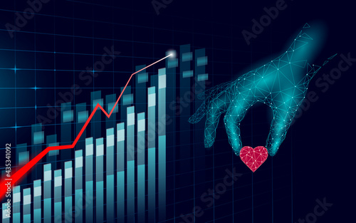 Fundraising giving heart symbol money hand. Charity volunteer giving donate social project. Finance funding dark low poly vector illustration