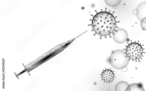 Covid-19 vaccination campagne. Injection vaccine syringe low poly design. Pandemic awareness safety operation. Coronavirus treatment prevention vector illustration