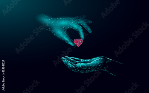Fundraising giving heart symbol money hand. Charity volunteer giving donate social project. Finance funding dark low poly vector illustration