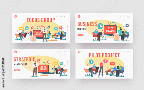 Focus Group Landing Page Template Set. Director and Employees Meeting. Businesspeople Discuss Pilot Start Up Project