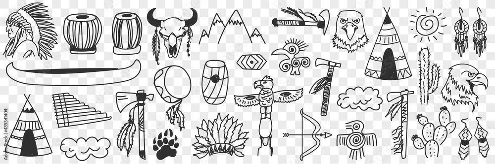 Indian tribe symbols doodle set. Collection of hand drawn various signs of indian culture traditional spiritual elements in rows isolated on transparent background 