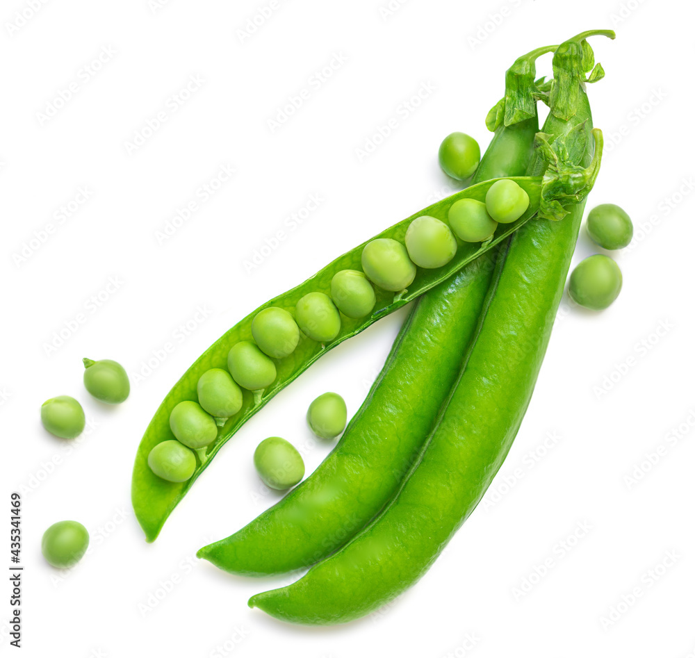 Green beans isolated on a white background. Fresh pea pods. Top view. Flat lay