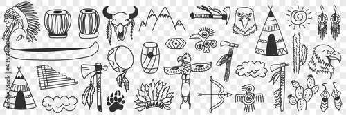 Indian tribe symbols doodle set. Collection of hand drawn various signs of indian culture traditional spiritual elements in rows isolated on transparent background 