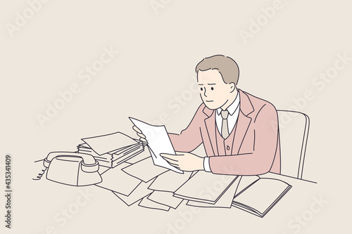 Debts, loss of job, bankrupt concept. Young frustrated businessmen cartoon character sitting reading negative news feeling down working during great depression times vector illustration 