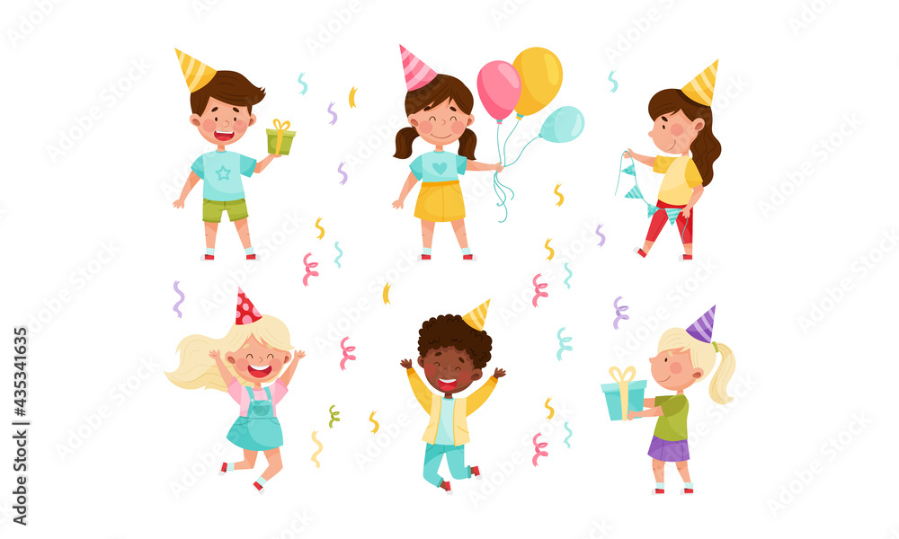 Kid Characters in Birthday Hat at Party Holding Gift Box and Balloons Vector Illustration Set