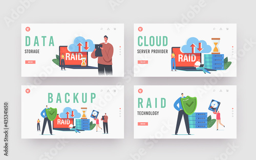 Backup Landing Page Template Set. Tiny Characters in Data Center around Huge Laptop with RAID, Redundant Array