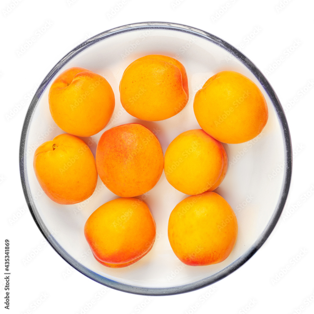 Isolated Apricot fruits on a plate. Apricot on white background. Sweet apricots with leafs closeup. Isolated Apricot fruits on a plate. Apricot on white background. Sweet apricots with leafs closeup.
