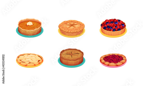 Sweet Homemade Pies with Filling and Crusts Made of Shortcrust Pastry Vector Set