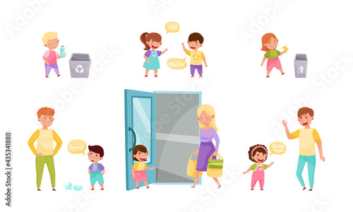 Little Boy and Girl Throwing Trash in Dustbin, Apologizing and Greeting Vector Illustration Set