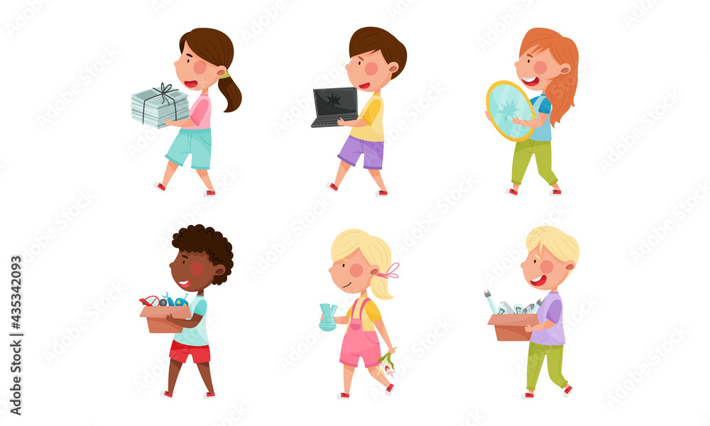 Boy and Girl Characters Carrying Sorted Garbage for Recycling Vector Illustration Set