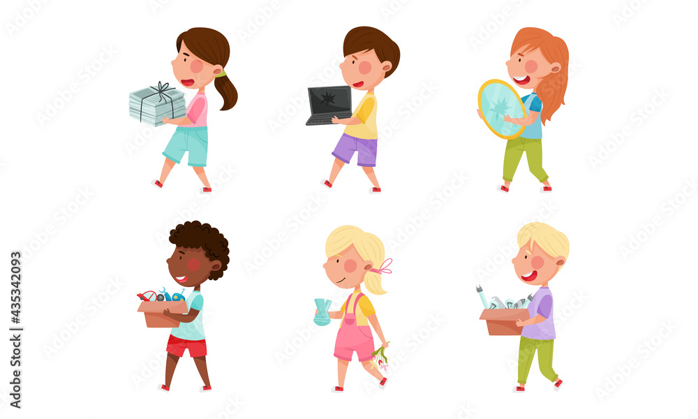 Boy and Girl Characters Carrying Sorted Garbage for Recycling Vector Illustration Set Boy and Girl Characters Carrying Sorted Garbage for Recycling Vector Illustration Set