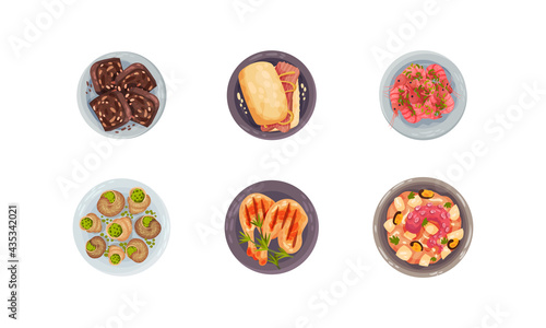 Portuguese Dishes and Main Courses with Stuffed Snails View from Above Vector Set