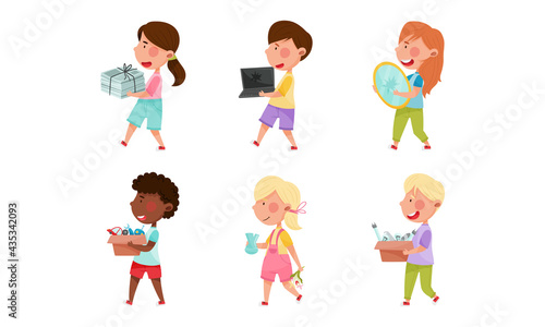 Boy and Girl Characters Carrying Sorted Garbage for Recycling Vector Illustration Set