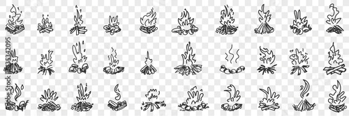 Burning fire flame doodle set. Collection of hand drawn various burning natural flame bonfire in rows isolated on transparent background 