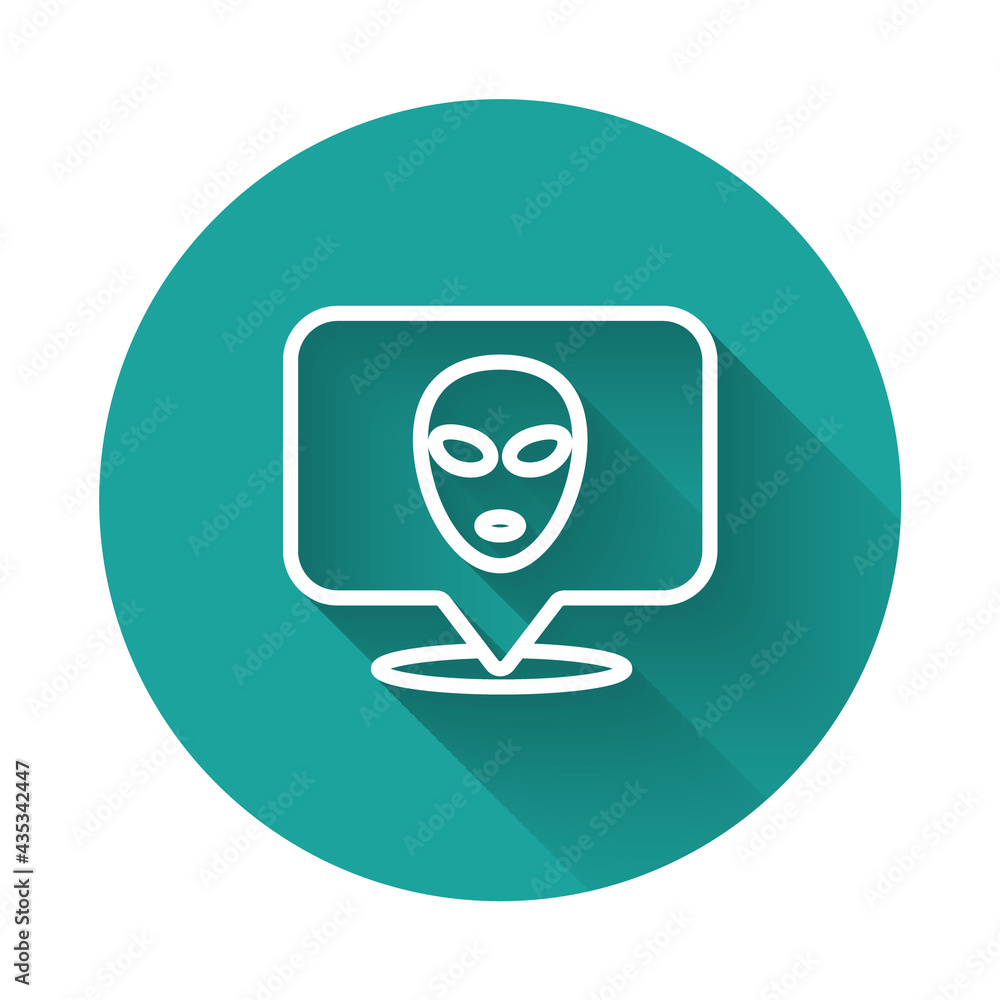White line Alien icon isolated with long shadow background. Extraterrestrial alien face or head symbol. Green circle button. Vector White line Alien icon isolated with long shadow background. Extraterrestrial alien face or head symbol. Green circle button. Vector